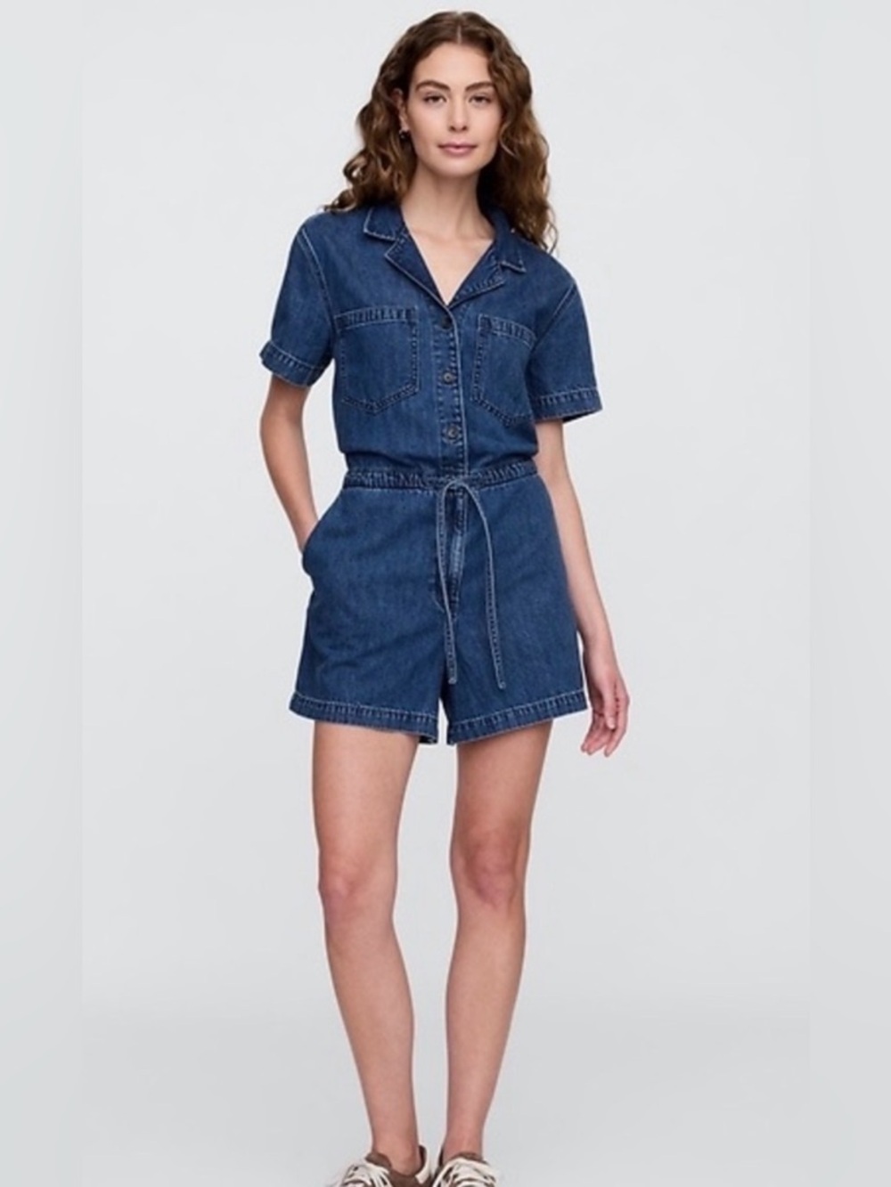 GAP Petite Dark Indigo Denim Short Sleeve Jumpsuit Romper - XSP